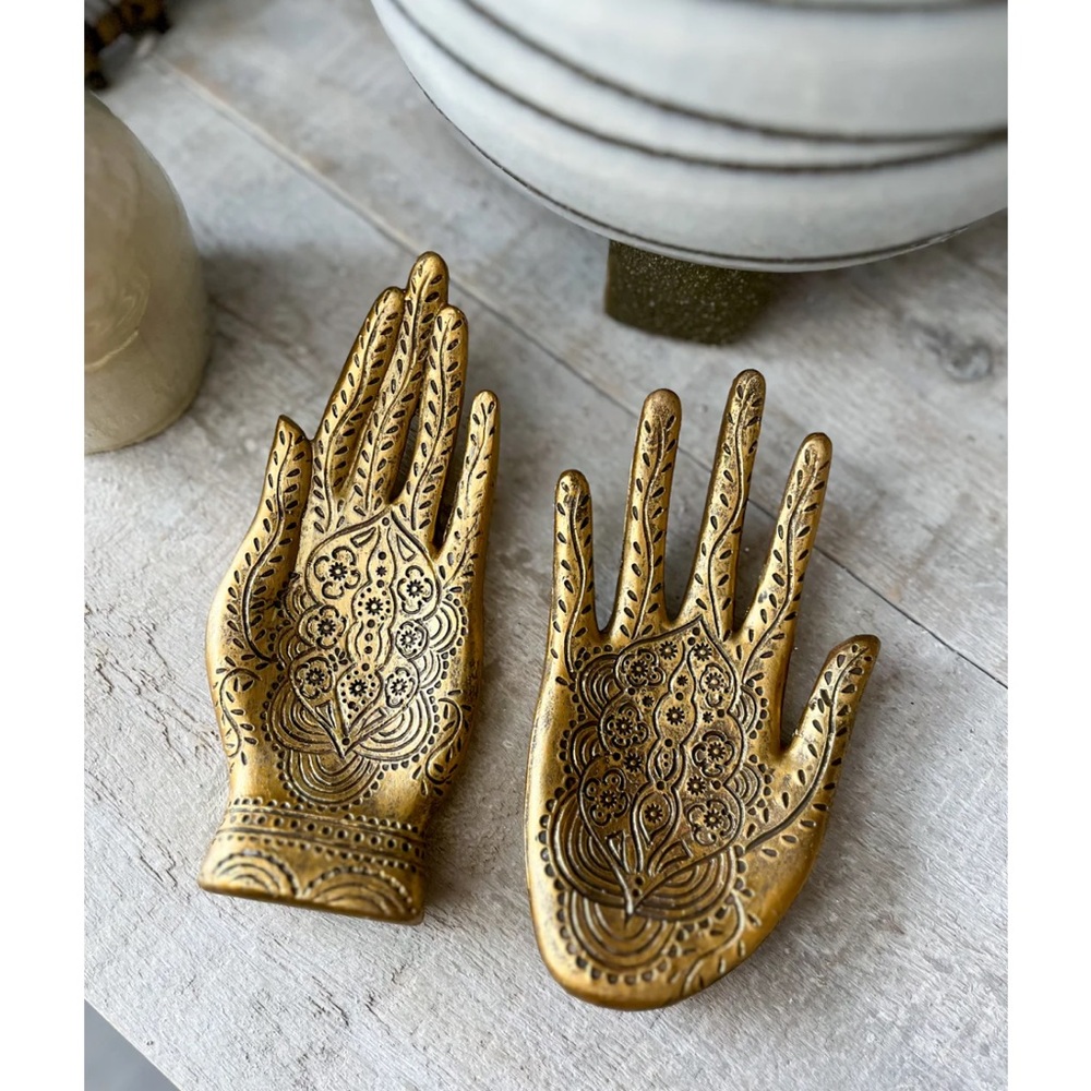 Set of 2 Gold Hand Jewelry Dishes 6" - Boho Vanity Decor